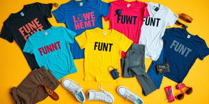Flat lay of funny T-shirts and casual outfit elements.