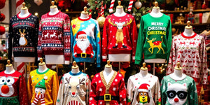 Colourful Christmas jumpers with funny designs on display.