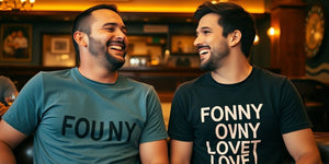 Couple enjoying date night in funny t-shirts.