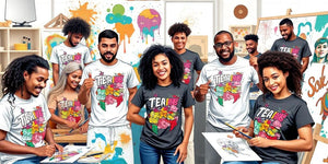 Artists collaborating on creative T-shirt designs in studio.