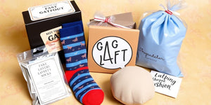 Colourful gag gifts including novelty socks and whoopee cushion.