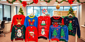 Funny Christmas jumpers in a festive office environment.