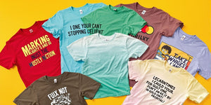 Brightly coloured oversized funny t-shirts in various designs.