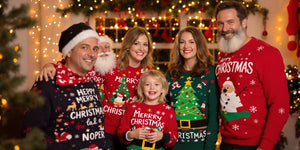 Family members wearing funny Christmas jumpers together.