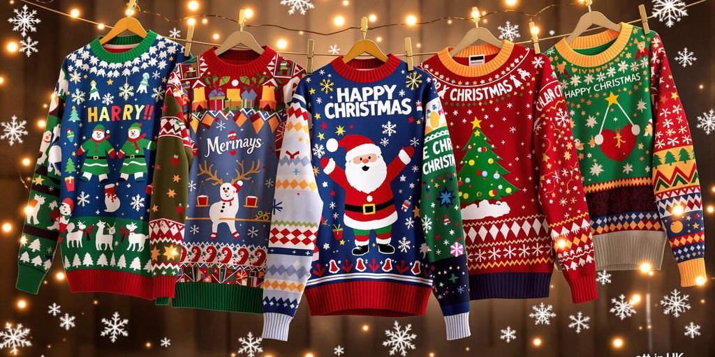 Colourful Christmas jumpers on a clothesline with lights.