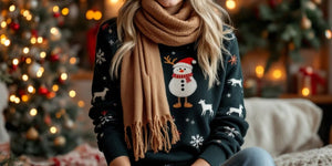 Festive Christmas jumper with scarf and fairy lights.