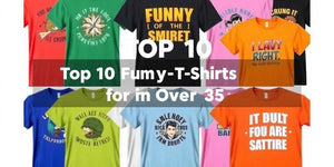 Collage of funny t-shirts for men over 35.