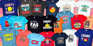 Collage of funny t-shirts from different decades.