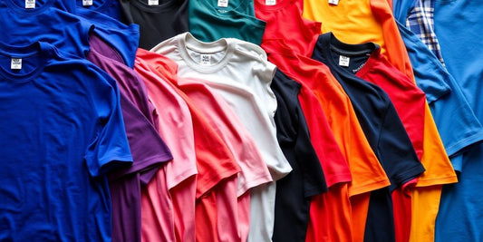 Variety of colourful XXXL T-shirts displayed in neat rows.
