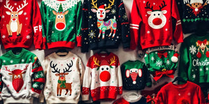 Colourful Christmas jumpers with fun festive designs.