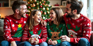 Family in funny Christmas jumpers by the tree