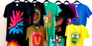 Colourful t-shirt designs with unique artistic patterns.