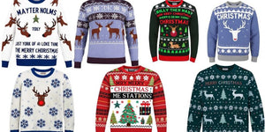 Various Christmas jumpers in trendy and tacky styles.