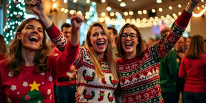 People in Christmas jumpers celebrating at a festive party.