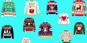 Colourful Christmas jumpers in various festive designs.