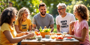 Family members in funny t-shirts enjoying a gathering.