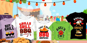 Colourful t-shirts for BBQ lovers at a grill party.