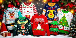 Colourful Christmas jumpers on a festive background.