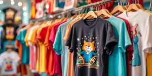 Colourful funny t-shirts on hangers in a playful display.