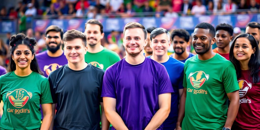 Athletes in colourful team T-shirts at a sports event.