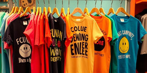 Colourful funny t-shirts on a rack, displaying quirky designs.