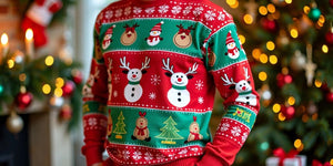 A funny Christmas jumper with festive designs.