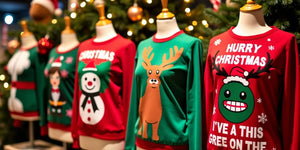 Colourful funny Christmas jumpers on display in a festive setting.