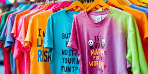 Colourful funny t-shirts hanging on bright hangers.