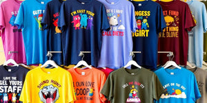 Colourful 5XL men's funny t-shirts on display.