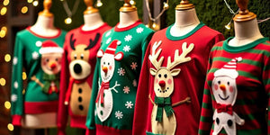 Colourful Christmas jumpers with fun festive designs.