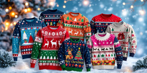 Colourful Christmas jumpers displayed on a festive background.