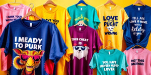 Colourful funny t-shirts hanging in a bright space.