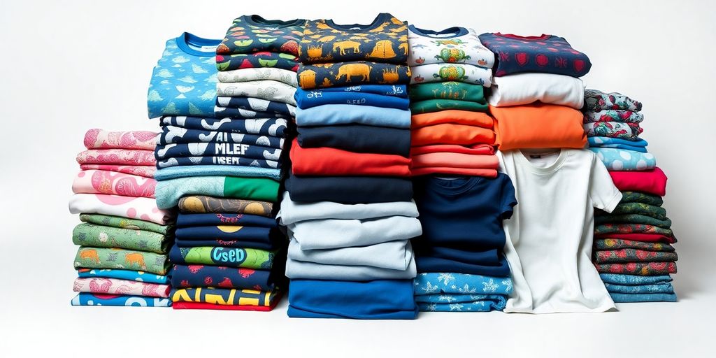 Colourful T-shirts displayed on a white background.