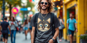 Person in trendy outfit with a funny t-shirt.