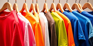 Variety of colourful 5XL t-shirts on display.