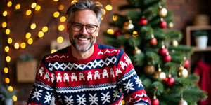 Man in trendy Christmas jumper with festive decorations.