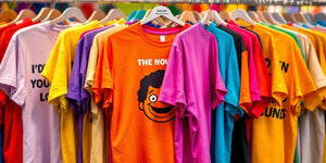 Colourful funny t-shirts hanging on display.