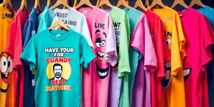 Colourful funny t-shirts hanging on display.