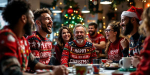 Colleagues in Christmas jumpers and funny t-shirts at party.