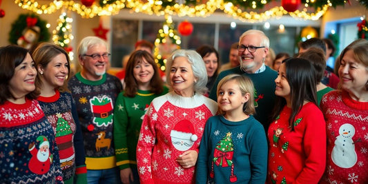 Group of people wearing colourful Christmas jumpers.