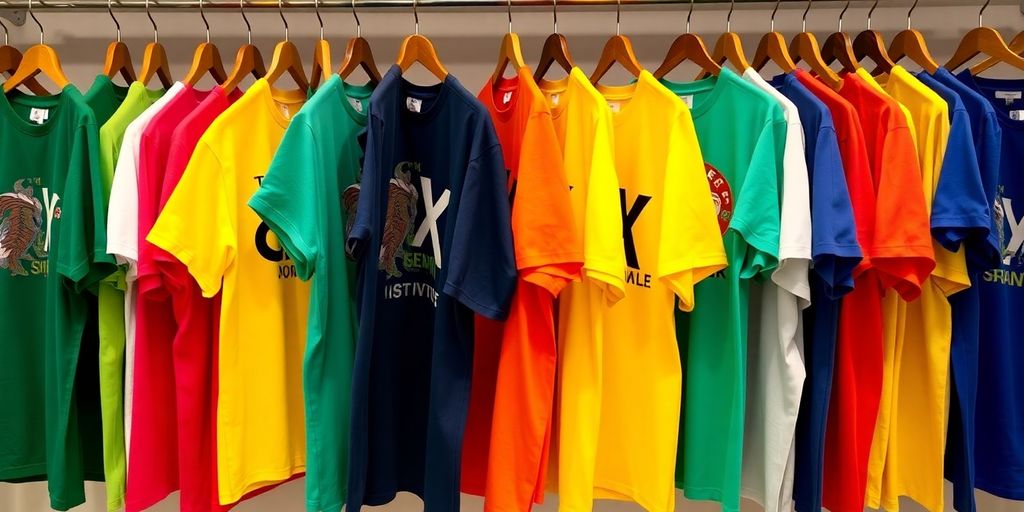 Display of vibrant 4XL T-shirts on hangers.