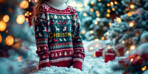 Bright Christmas jumper with festive patterns and decorations.