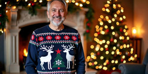 Middle-aged man in festive Christmas jumper by fireplace.