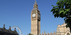 English patriotic t-shirts with Union Jack, people wearing patriotic clothing in London landmarks like Big Ben or Tower Bridge