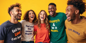 Friends in funny t-shirts sharing a joyful moment.