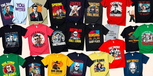 A variety of T-shirts with movie and TV designs.