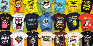 Colourful funny t-shirt designs with playful graphics.