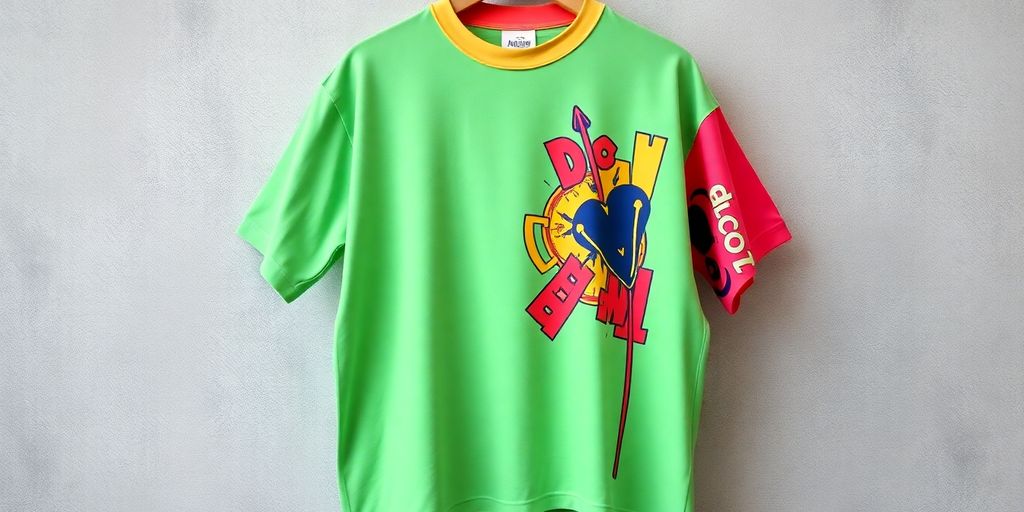 Oversized t-shirt with bold graphic design in bright colours.