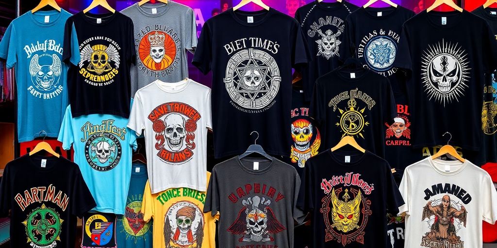 Colourful music-themed t-shirts arranged visually appealing.