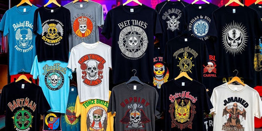 Colourful music-themed t-shirts arranged visually appealing.